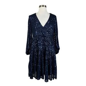 Eliza J Sequined Long Sleeve A-Line V-Neck Mini Cocktail Dress Navy Blue Size 8
